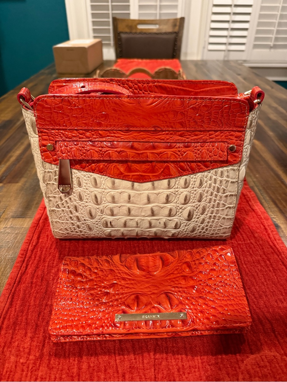 Brahmin Orange and Cream Croc-Embossed Leather Purse and Wallet Set